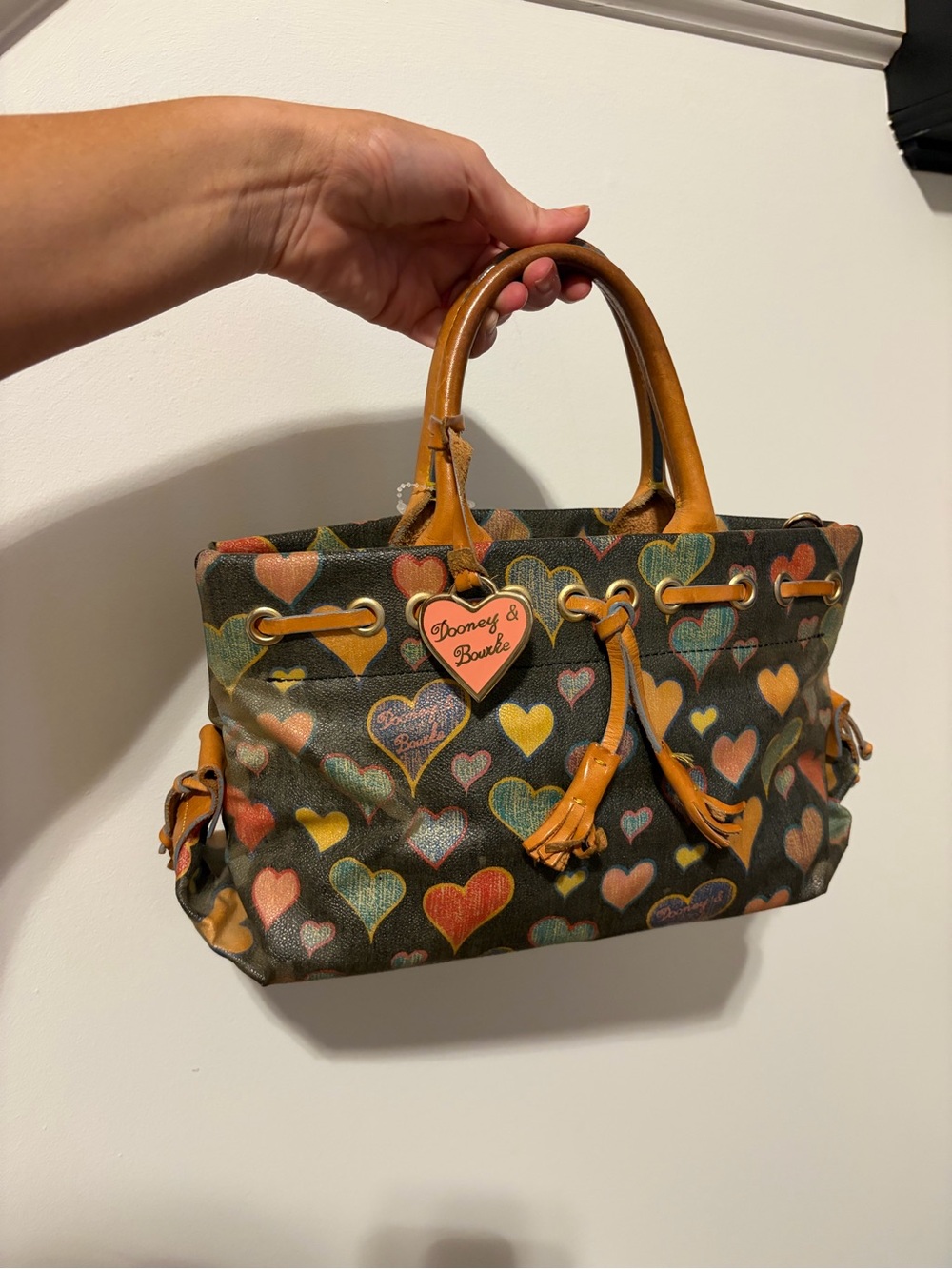 Vintage Dooney & Bourke Multicolor Heart-Print Satchel